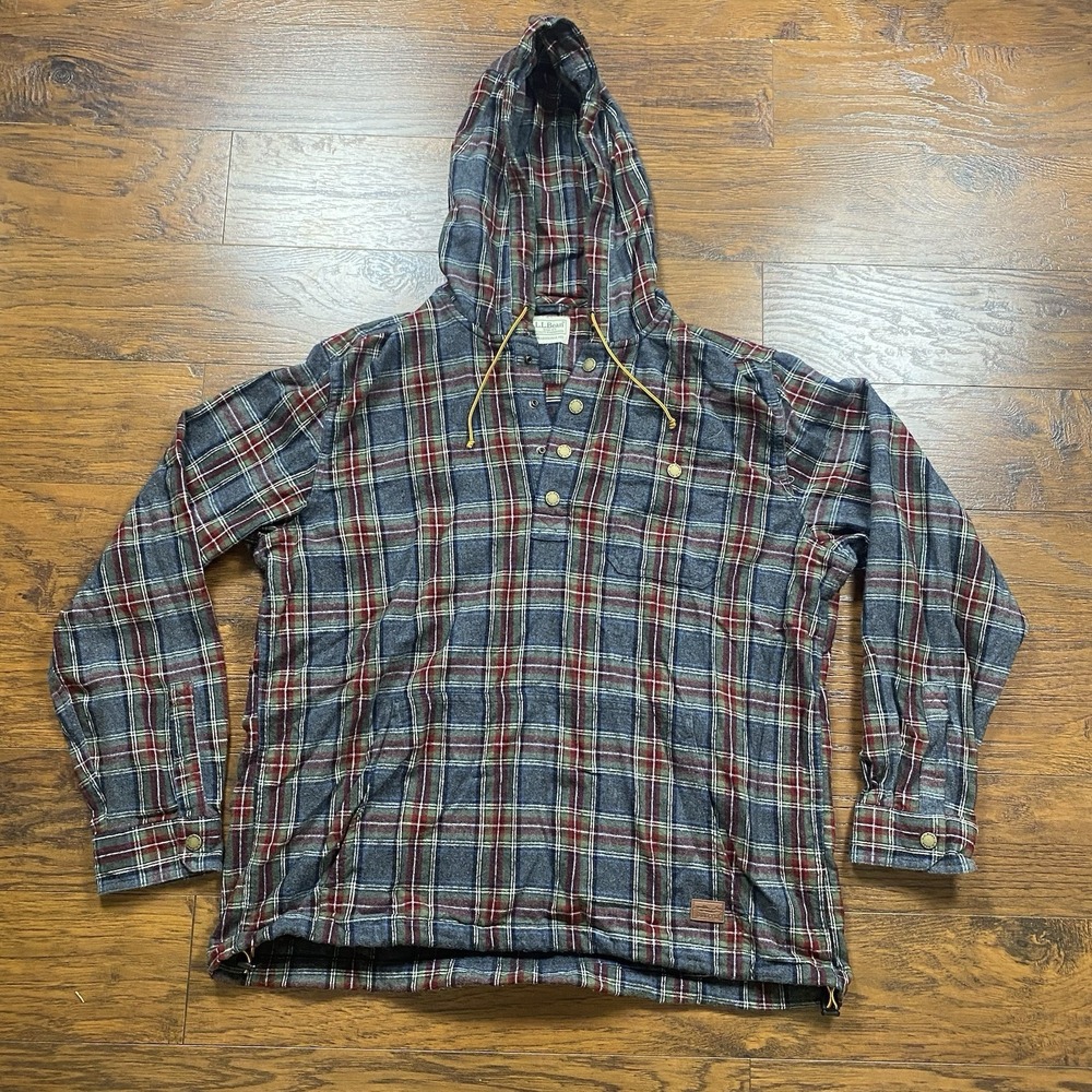 LL Bean Mens Plaid Flannel Hooded Pullover Shirt Blue Red Green Traditional Fit
